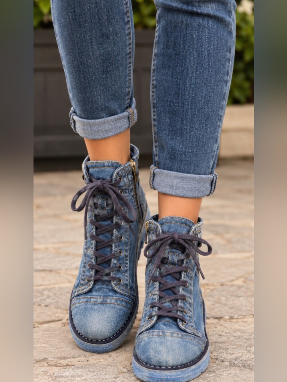 Denim Lace-Up Ankle Boots in Blue